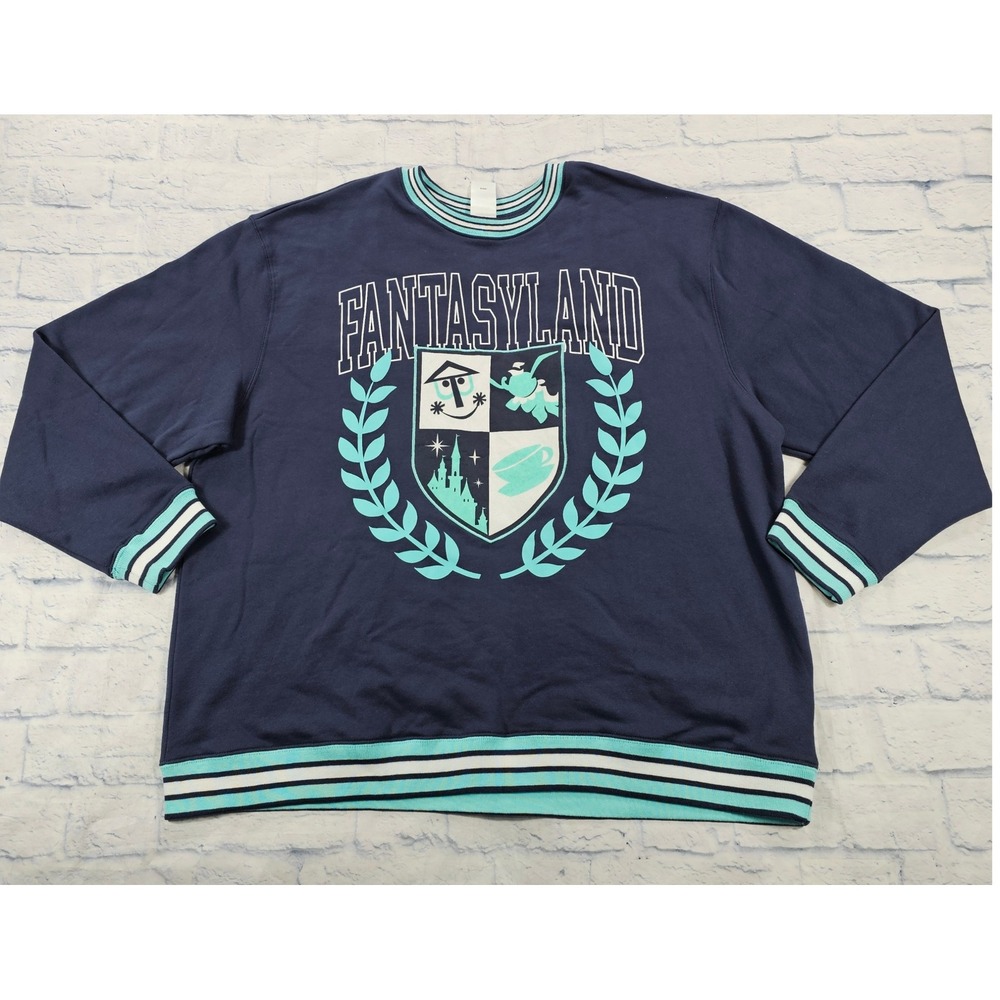 Disney Fantasyland Sweatshirt Men XXL Navy Blue Graphic Crest Pullover Park Wear